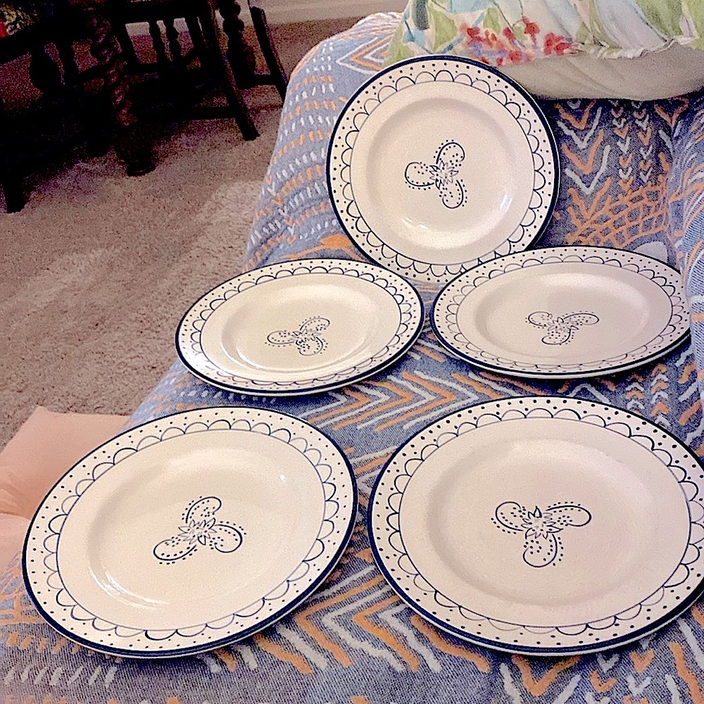 Ballard Designs 5 vintage lunch plates. Creamy background with blue design.😊